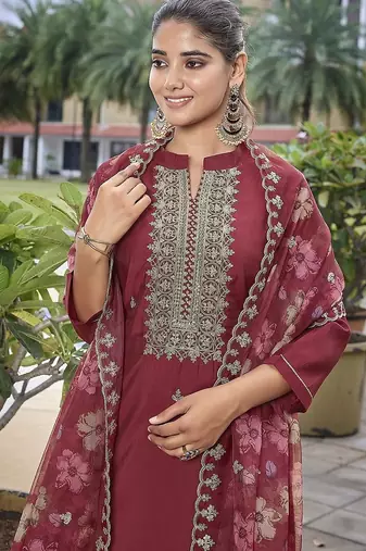 Maroon color stylish partywear readymade suit