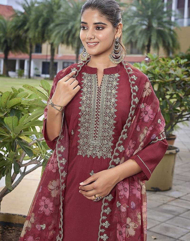Maroon color stylish partywear readymade ethnic suit