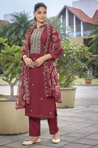Maroon color stylish partywear readymade suit