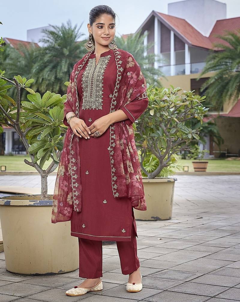 Maroon color stylish partywear readymade ethnic suit