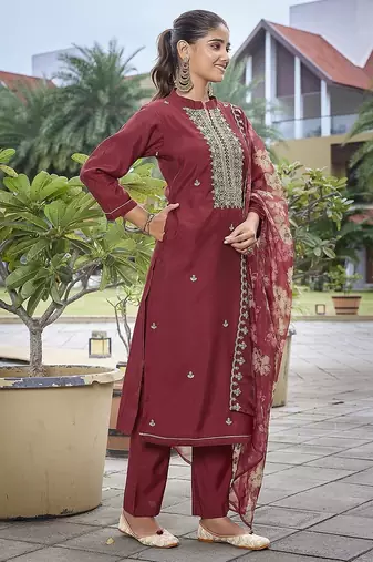 Maroon color stylish partywear readymade suit