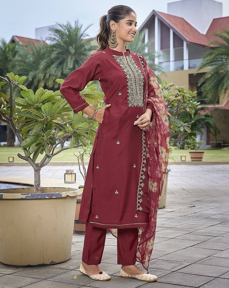 Maroon color stylish partywear readymade ethnic suit