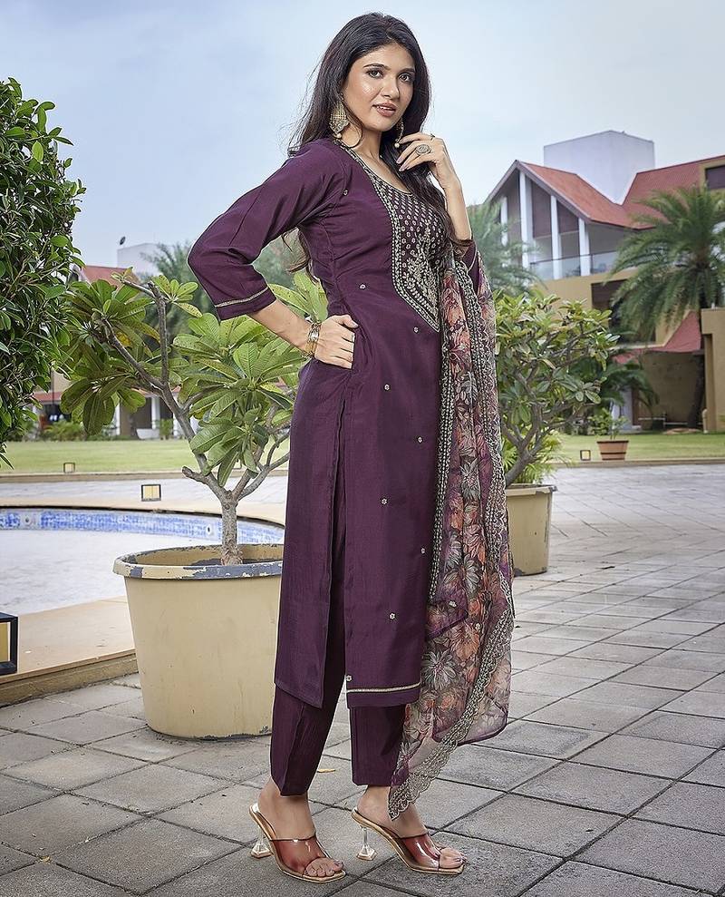 Wine color stylish partywear readymade ethnic suit