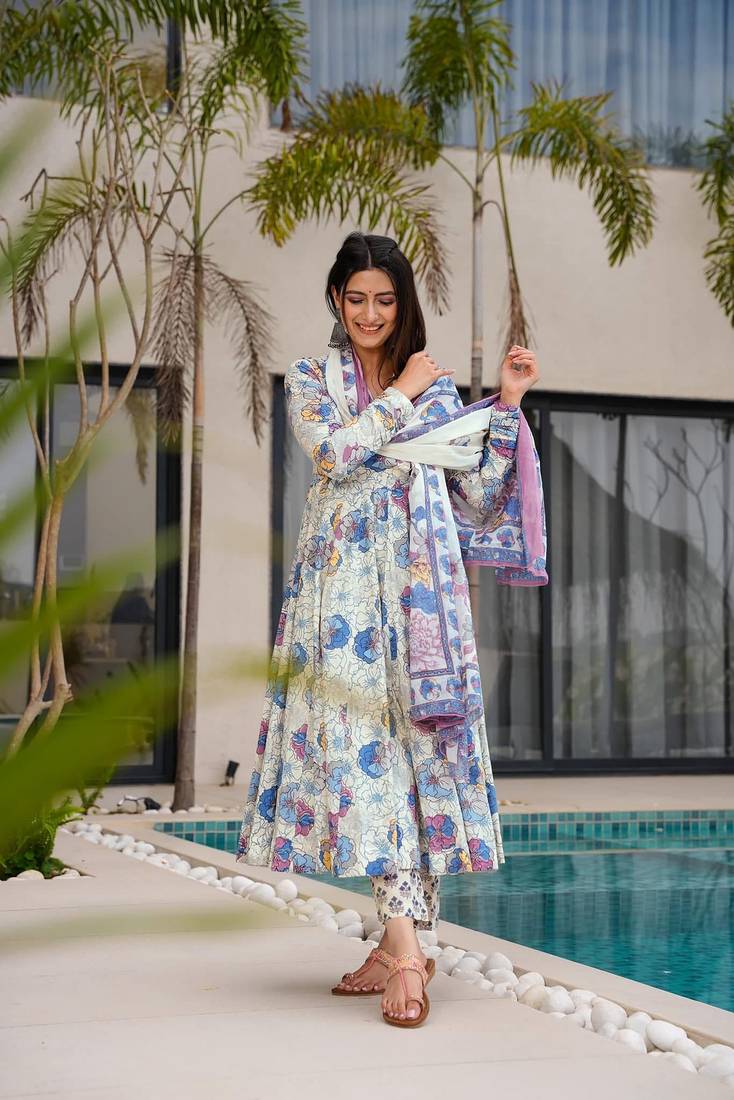 White color muslin fabric designer digital printed partywear attire for girl