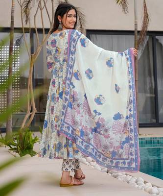 White color muslin digital printed partywear attire for girl 2