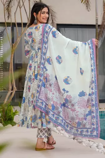 White color muslin digital printed partywear attire for girl