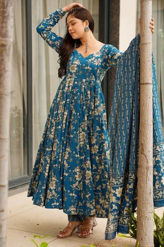 Blue color muslin fabric designer digital printed partywear attire for girl