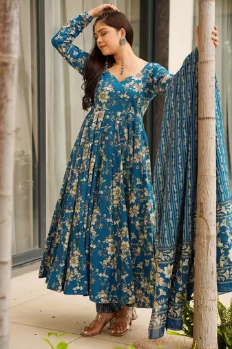 Blue color muslin fabric designer digital printed partywear attire for girl