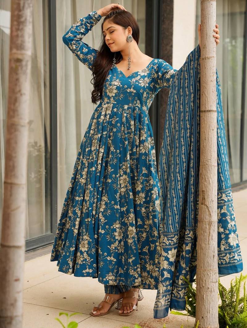 Blue color muslin fabric designer digital printed partywear attire for girl