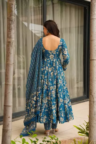 Blue color muslin digital printed partywear attire for girl