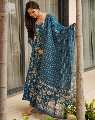 Blue color muslin digital printed partywear attire for girl 3