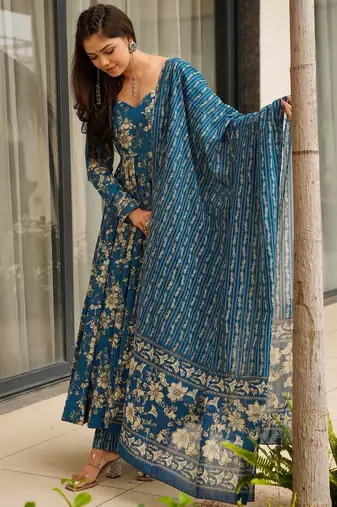 Blue color muslin digital printed partywear attire for girl