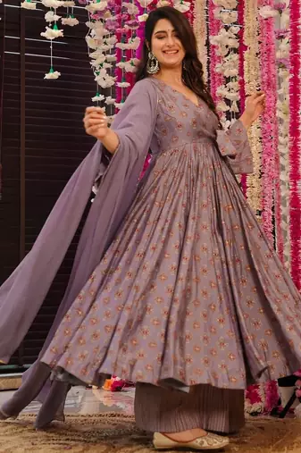 Mauve color muslin fabric designer digital printed partywear attire for girl