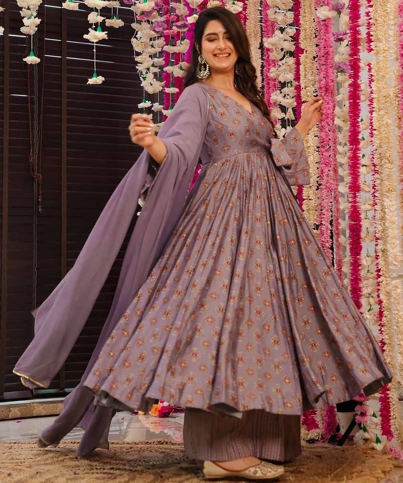 Mauve color muslin fabric designer digital printed partywear attire for girl