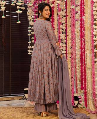 Mauve color muslin digital printed partywear attire for girl 2