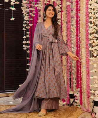 Mauve color muslin digital printed partywear attire for girl 3