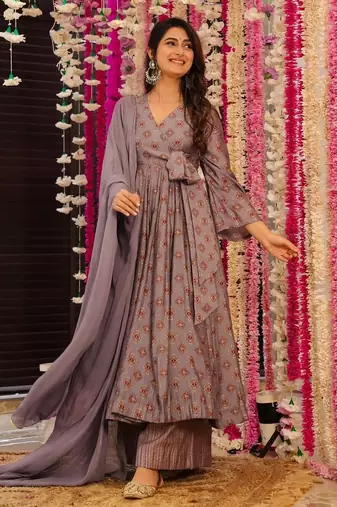 Mauve color muslin digital printed partywear attire for girl