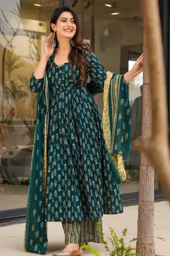 Rama color muslin fabric designer digital printed partywear attire for girl