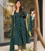 Rama color muslin fabric designer digital printed partywear attire for girl