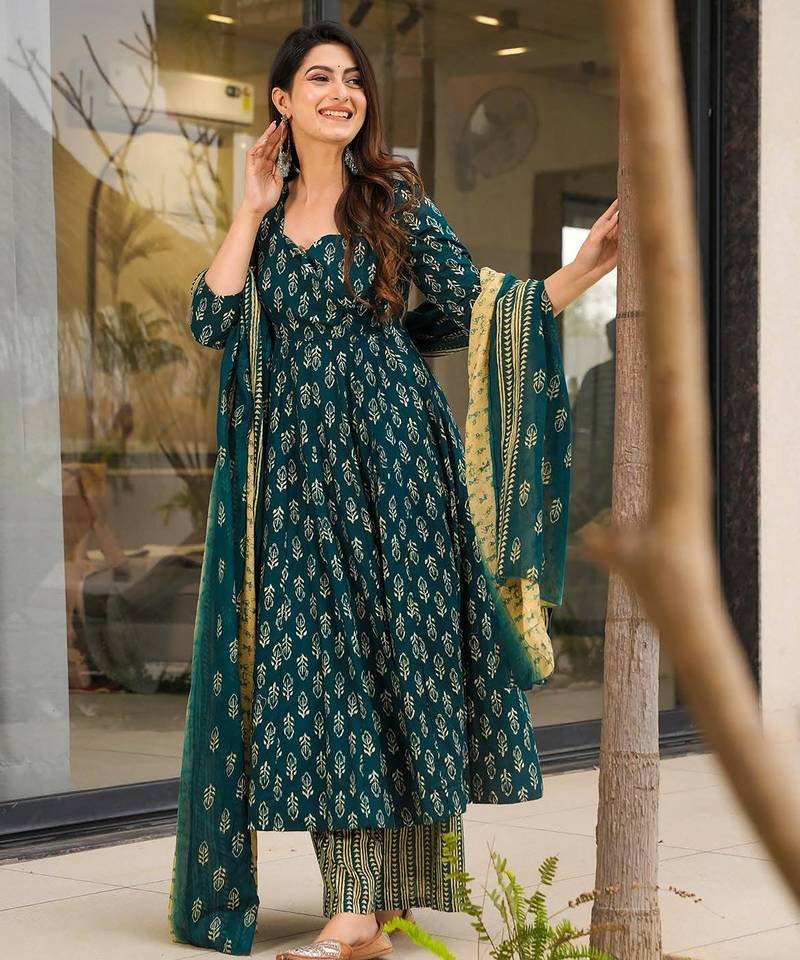 Rama color muslin fabric designer digital printed partywear attire for girl