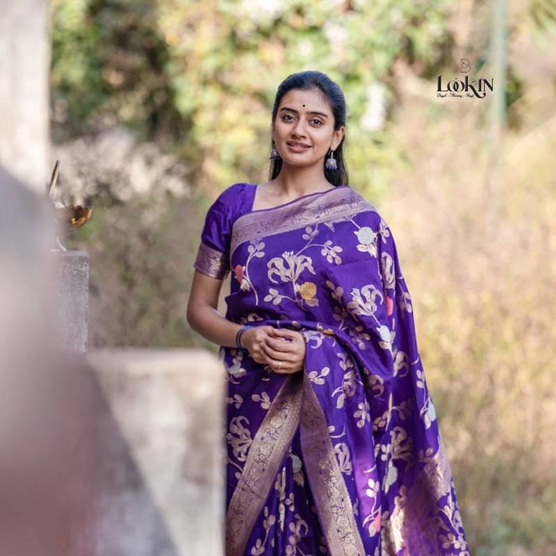 Purple soft silk blend banarasi jacuard work designer saree with blouse
