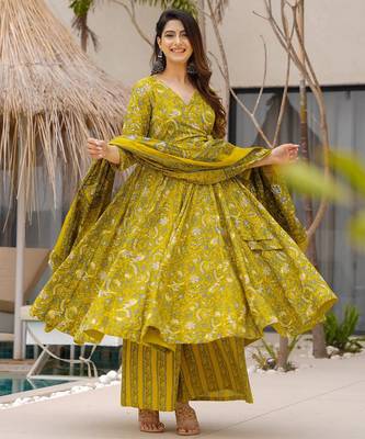 Olive color muslin digital printed partywear attire for girl 1