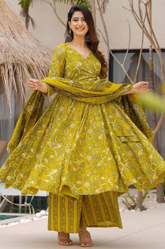 Olive color muslin fabric designer digital printed partywear attire for girl