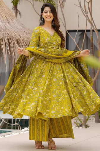 Olive color muslin fabric designer digital printed partywear attire for girl