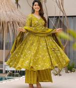 Olive color muslin fabric designer digital printed partywear attire for girl