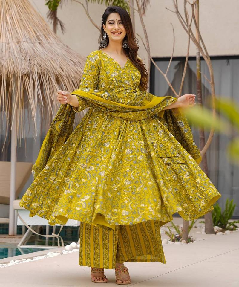 Olive color muslin fabric designer digital printed partywear attire for girl