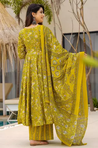 Olive color muslin digital printed partywear attire for girl