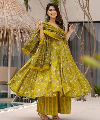 Olive color muslin digital printed partywear attire for girl 3