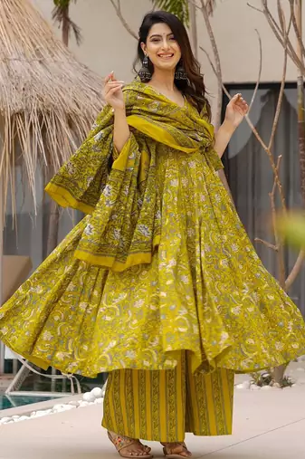 Olive color muslin digital printed partywear attire for girl