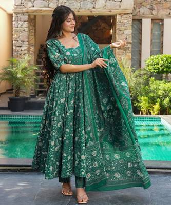 Green color muslin digital printed partywear attire for girl 1