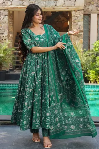 Green color muslin fabric designer digital printed partywear attire for girl