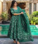 Green color muslin fabric designer digital printed partywear attire for girl