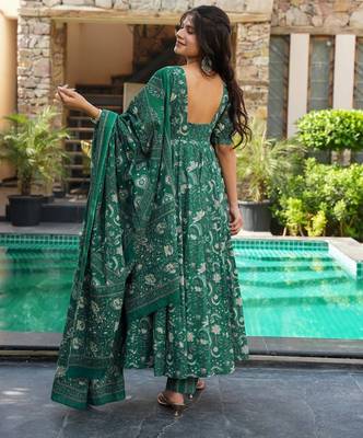 Green color muslin digital printed partywear attire for girl 2