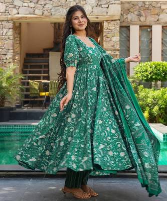 Green color muslin digital printed partywear attire for girl 3