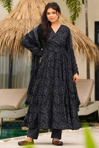 Blue color muslin fabric designer digital printed partywear attire for girl