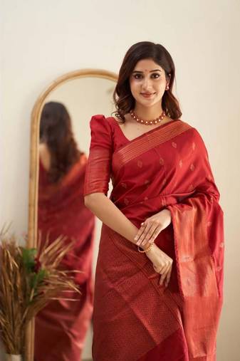 Red soft silk blend banarasi jacuard work designer saree with blouse