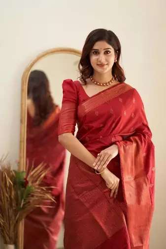 Red soft silk blend banarasi jacuard work designer saree with blouse