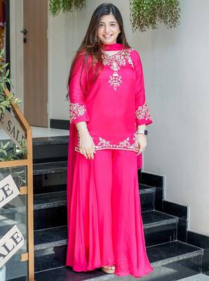 Pink color natural crepe beautiful partywear dress for girls 1