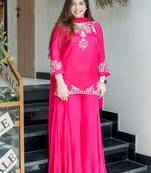 Pink color natural crepe fabric beautiful partywear dress for girls