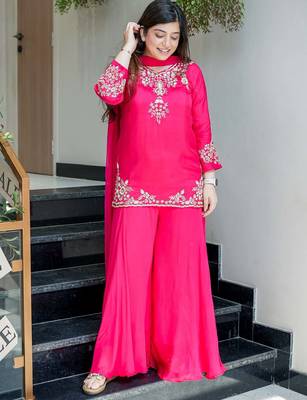 Pink color natural crepe beautiful partywear dress for girls 4