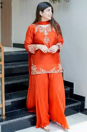 Orange color natural crepe fabric beautiful partywear dress for girls