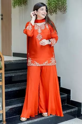 Orange color natural crepe beautiful partywear dress for girls