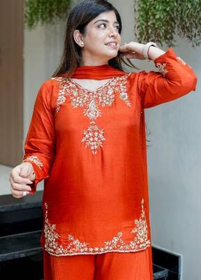 Orange color natural crepe beautiful partywear dress for girls 3