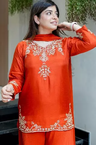 Orange color natural crepe beautiful partywear dress for girls