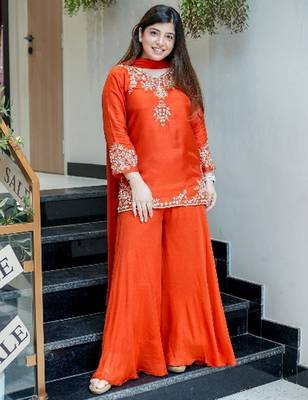 Orange color natural crepe beautiful partywear dress for girls 4