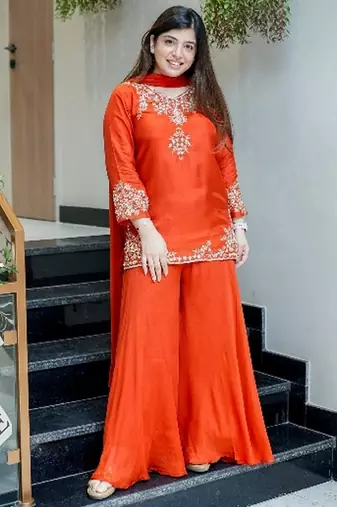 Orange color natural crepe beautiful partywear dress for girls